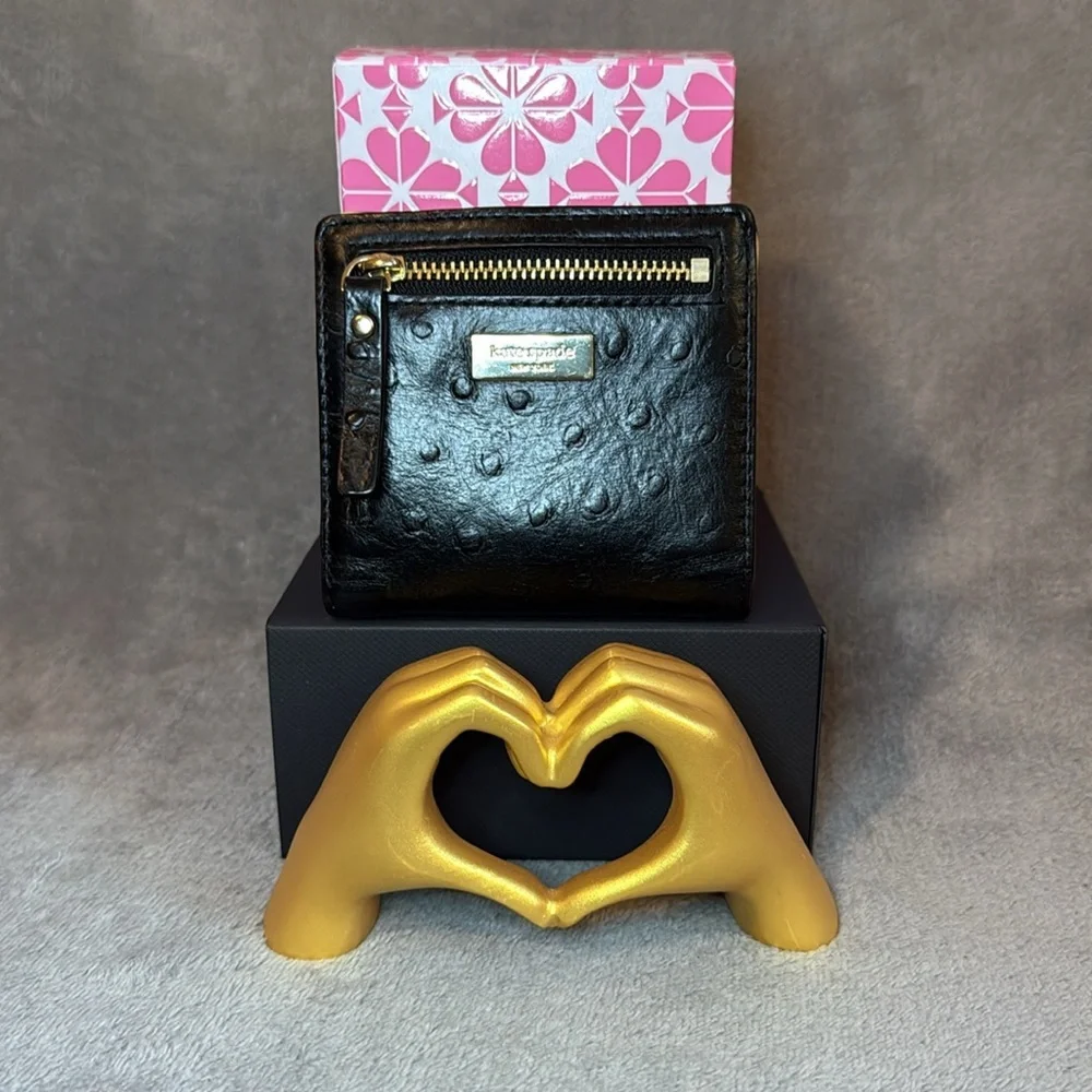 KATE SPADE Black Serenade Valencia Road Bow Small Ostrich Embossed Wallet/ EUC